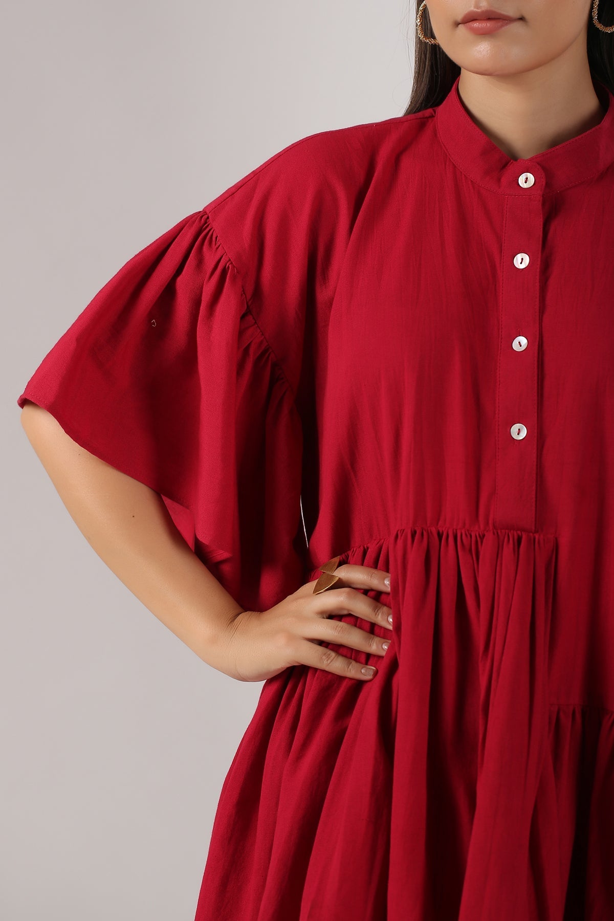 Red Cotton Mini Dress at Kamakhyaa by MOH-The Eternal Dhaga. This item is Casual Wear, Cotton, Cotton Slub, Mini Dresses, Moh-The eternal Dhaga, Natural, Red, Relaxed Fit, Shirt Dresses, Solids, Womenswear