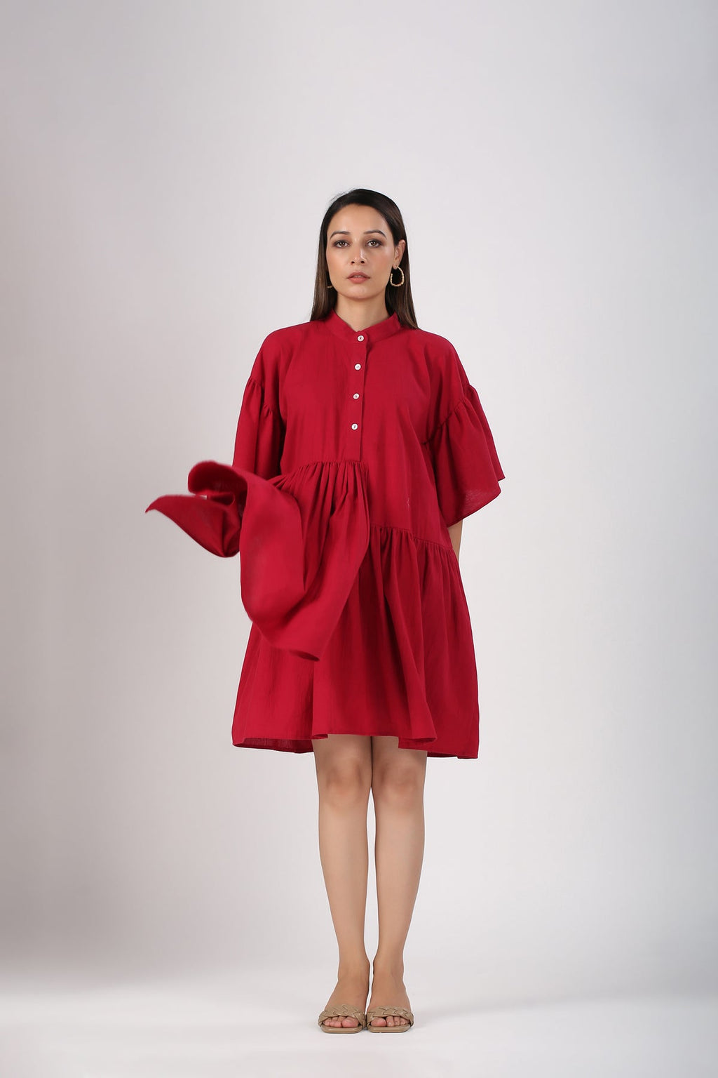 Red Cotton Mini Dress at Kamakhyaa by MOH-The Eternal Dhaga. This item is Casual Wear, Cotton, Cotton Slub, Mini Dresses, Moh-The eternal Dhaga, Natural, Red, Relaxed Fit, Shirt Dresses, Solids, Womenswear