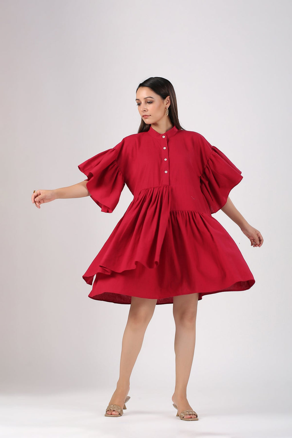 Red Cotton Mini Dress at Kamakhyaa by MOH-The Eternal Dhaga. This item is Casual Wear, Cotton, Cotton Slub, Mini Dresses, Moh-The eternal Dhaga, Natural, Red, Relaxed Fit, Shirt Dresses, Solids, Womenswear