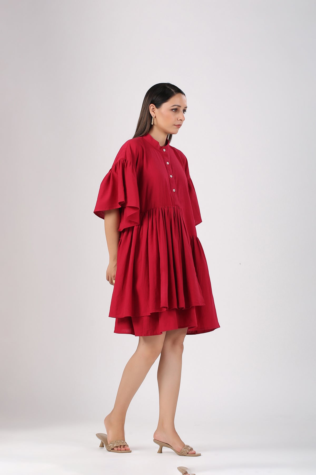 Red Cotton Mini Dress at Kamakhyaa by MOH-The Eternal Dhaga. This item is Casual Wear, Cotton, Cotton Slub, Mini Dresses, Moh-The eternal Dhaga, Natural, Red, Relaxed Fit, Shirt Dresses, Solids, Womenswear