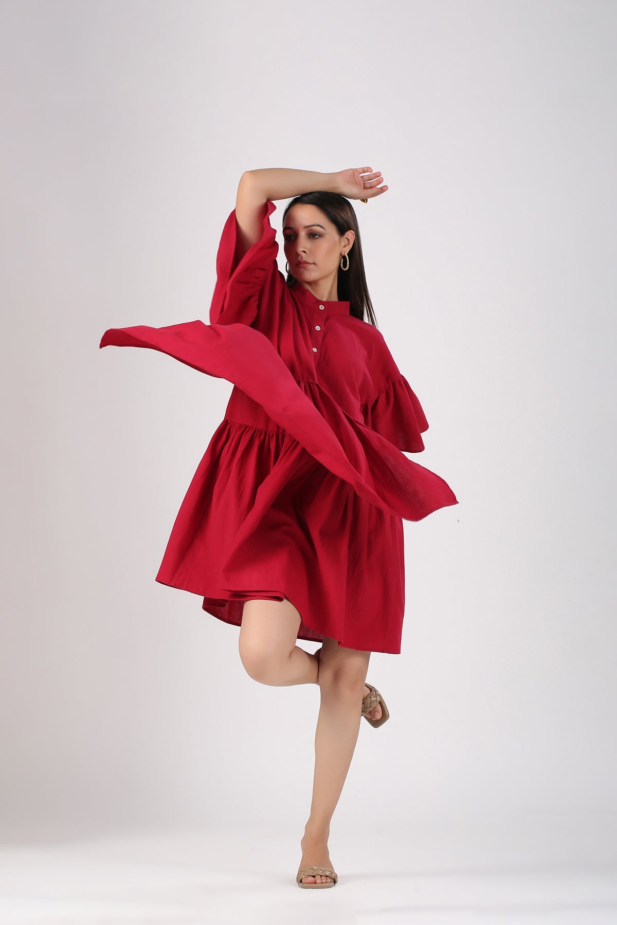 Red Cotton Mini Dress at Kamakhyaa by MOH-The Eternal Dhaga. This item is Casual Wear, Cotton, Cotton Slub, Mini Dresses, Moh-The eternal Dhaga, Natural, Red, Relaxed Fit, Shirt Dresses, Solids, Womenswear