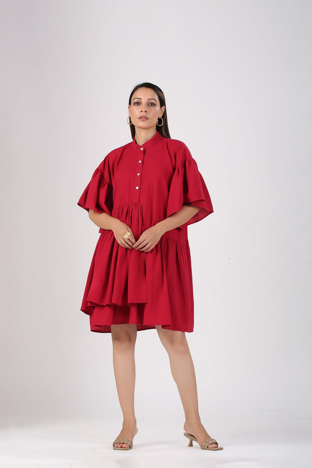 Red Cotton Mini Dress at Kamakhyaa by MOH-The Eternal Dhaga. This item is Casual Wear, Cotton, Cotton Slub, Mini Dresses, Moh-The eternal Dhaga, Natural, Red, Relaxed Fit, Shirt Dresses, Solids, Womenswear