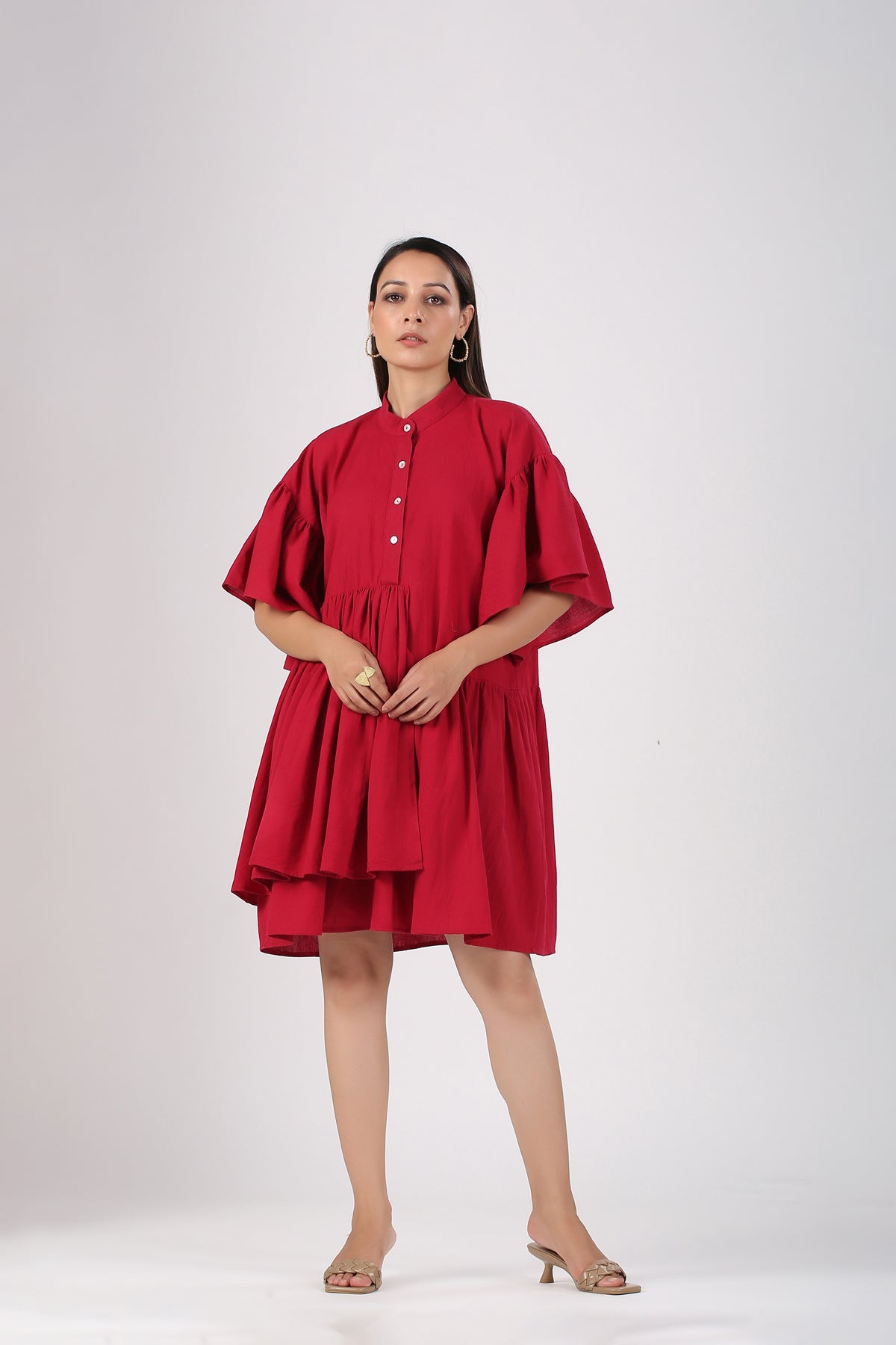 Red Cotton Mini Dress at Kamakhyaa by MOH-The Eternal Dhaga. This item is Casual Wear, Cotton, Cotton Slub, Mini Dresses, Moh-The eternal Dhaga, Natural, Red, Relaxed Fit, Shirt Dresses, Solids, Womenswear
