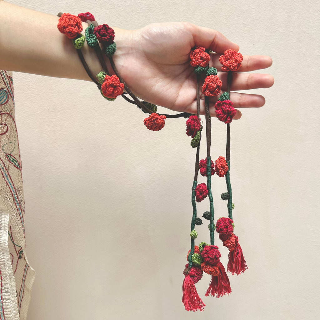 Red Crochet Hair Parandi at Kamakhyaa by Ikriit'm. This item is Accessories, Cotton yarn, Crochet, Free Size, Hair Accessories, Ikriit'm, Natural, Red