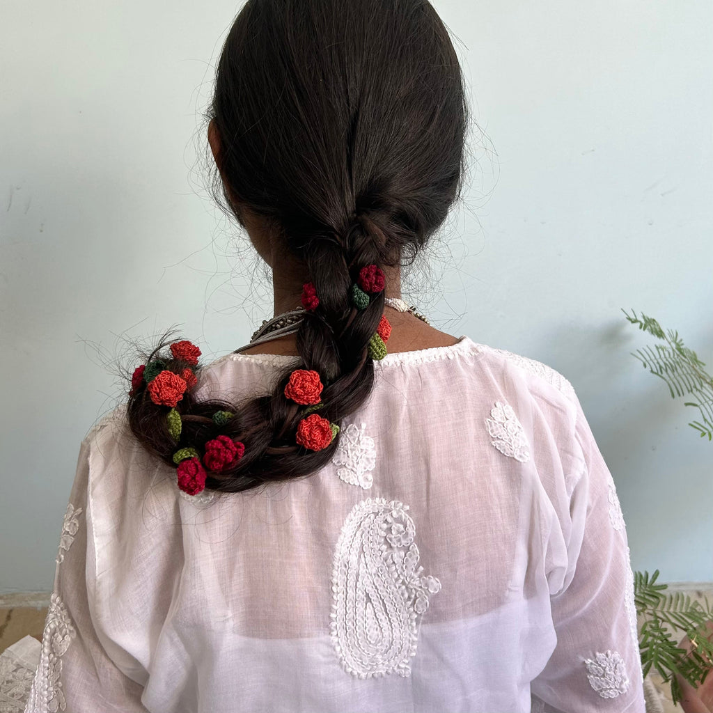 Red Crochet Hair Parandi at Kamakhyaa by Ikriit'm. This item is Accessories, Cotton yarn, Crochet, Free Size, Hair Accessories, Ikriit'm, Natural, Red