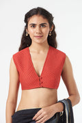 Red Embroidered Chanderi Silk Blouse at Kamakhyaa by Ahmev. This item is Casual Wear, Embroidered, Festive '22, July Sale, July Sale 2023, Natural, New, Red, Regular Fit, Saree Blouses, Silk Chanderi, Tops, Womenswear