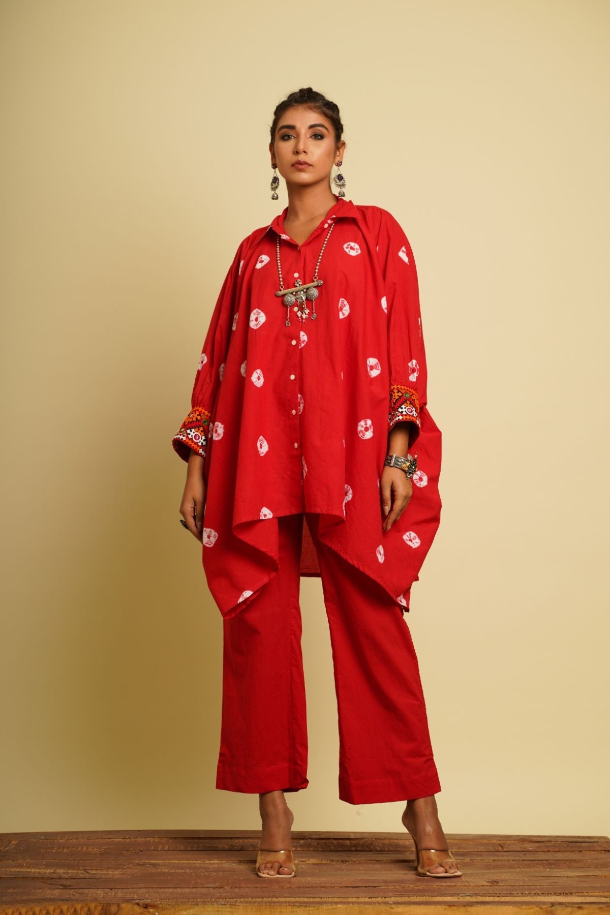 Red Embroidered Cotton Co-ord Set at Kamakhyaa by Keva. This item is 100% cotton, Co-ord Sets, Fusion Wear, Natural, New, Ombre & Dyes, party, Party Wear Co-ords, Red, Relaxed Fit, Saba, Womenswear