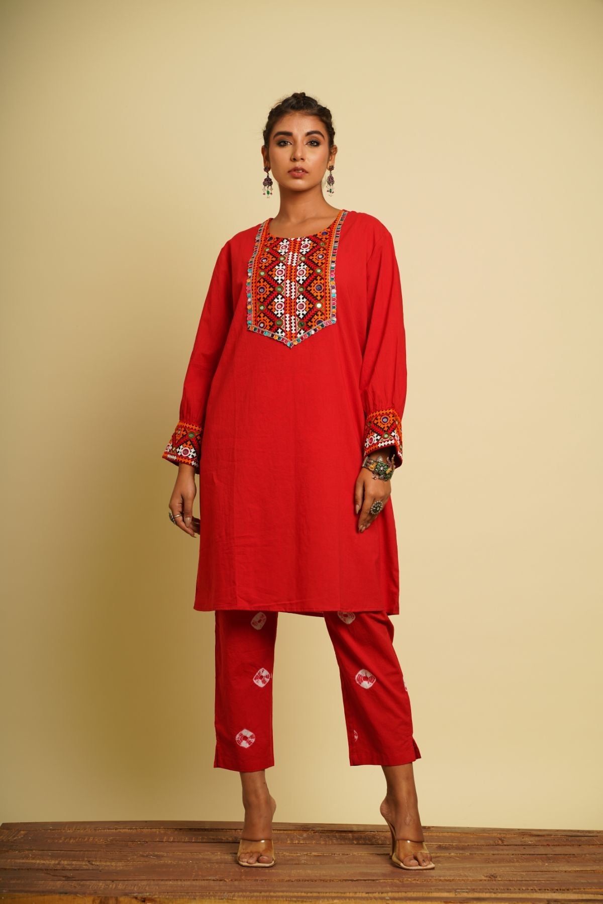 Red Embroidered Cotton Co-ord Set at Kamakhyaa by Keva. This item is 100% cotton, Fusion Wear, Indian Wear, Kurta Pant Sets, Natural, New, Ombre & Dyes, Red, Regular Fit, Saba, Womenswear