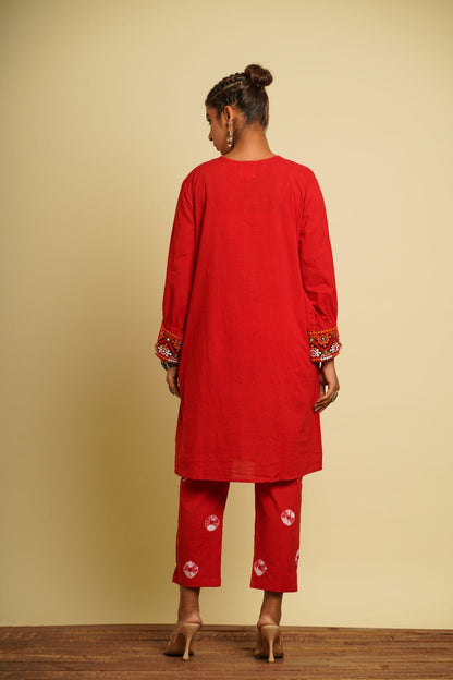 Red Embroidered Cotton Co-ord Set at Kamakhyaa by Keva. This item is 100% cotton, Fusion Wear, Indian Wear, Kurta Pant Sets, Natural, New, Ombre & Dyes, Red, Regular Fit, Saba, Womenswear