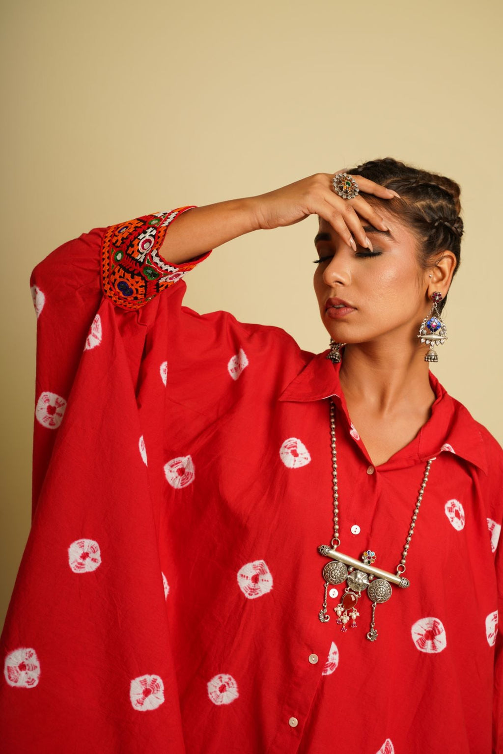 Red Embroidered Cotton Co-ord Set at Kamakhyaa by Keva. This item is 100% cotton, Co-ord Sets, Fusion Wear, Natural, New, Ombre & Dyes, party, Party Wear Co-ords, Red, Relaxed Fit, Saba, Womenswear