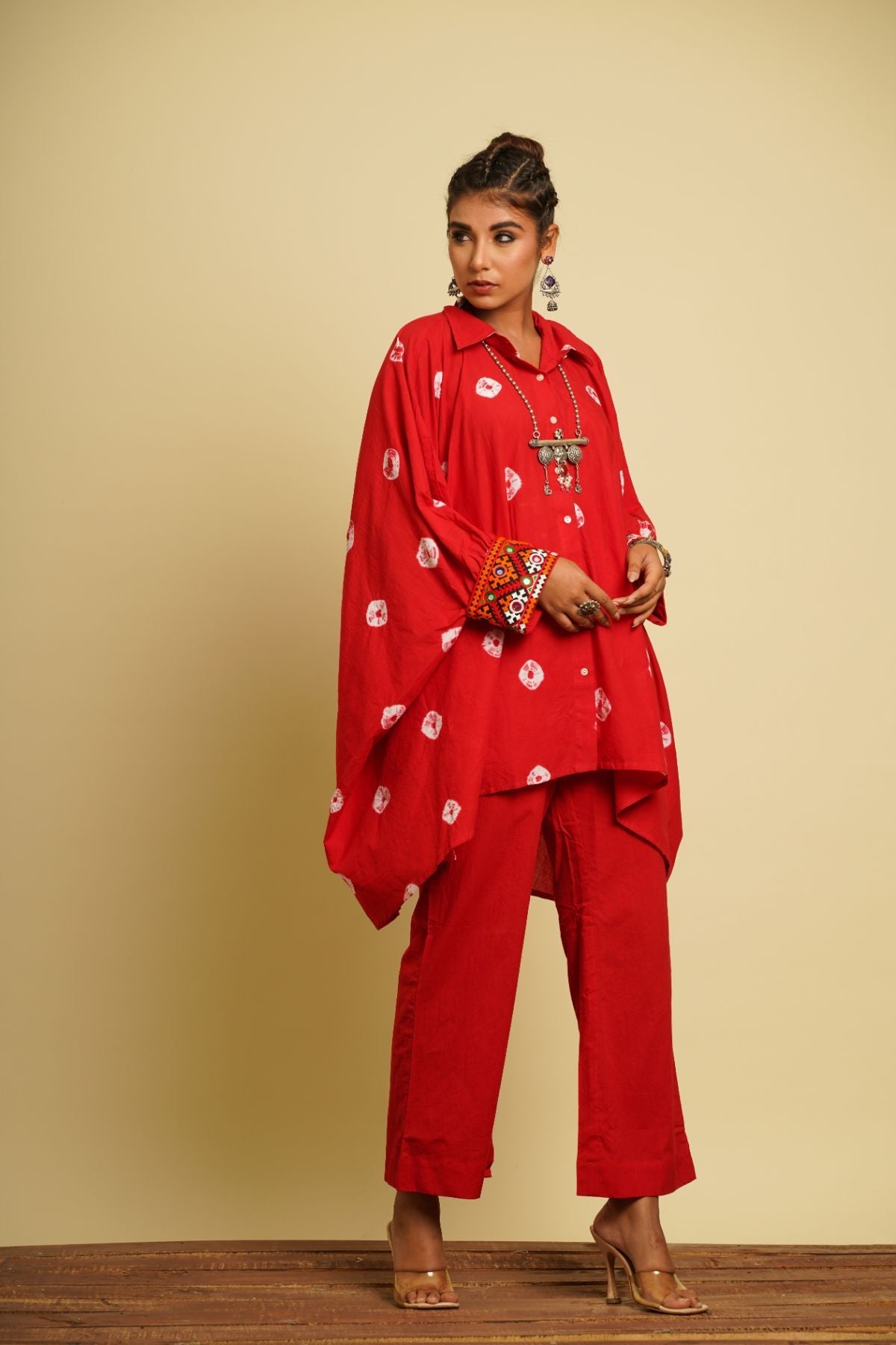Red Embroidered Cotton Kaftan at Kamakhyaa by Keva. This item is 100% cotton, Fusion Wear, Kaftan Tops, Less than $50, Natural, New, Ombre & Dyes, Red, Relaxed Fit, Saba, Shirts, Womenswear