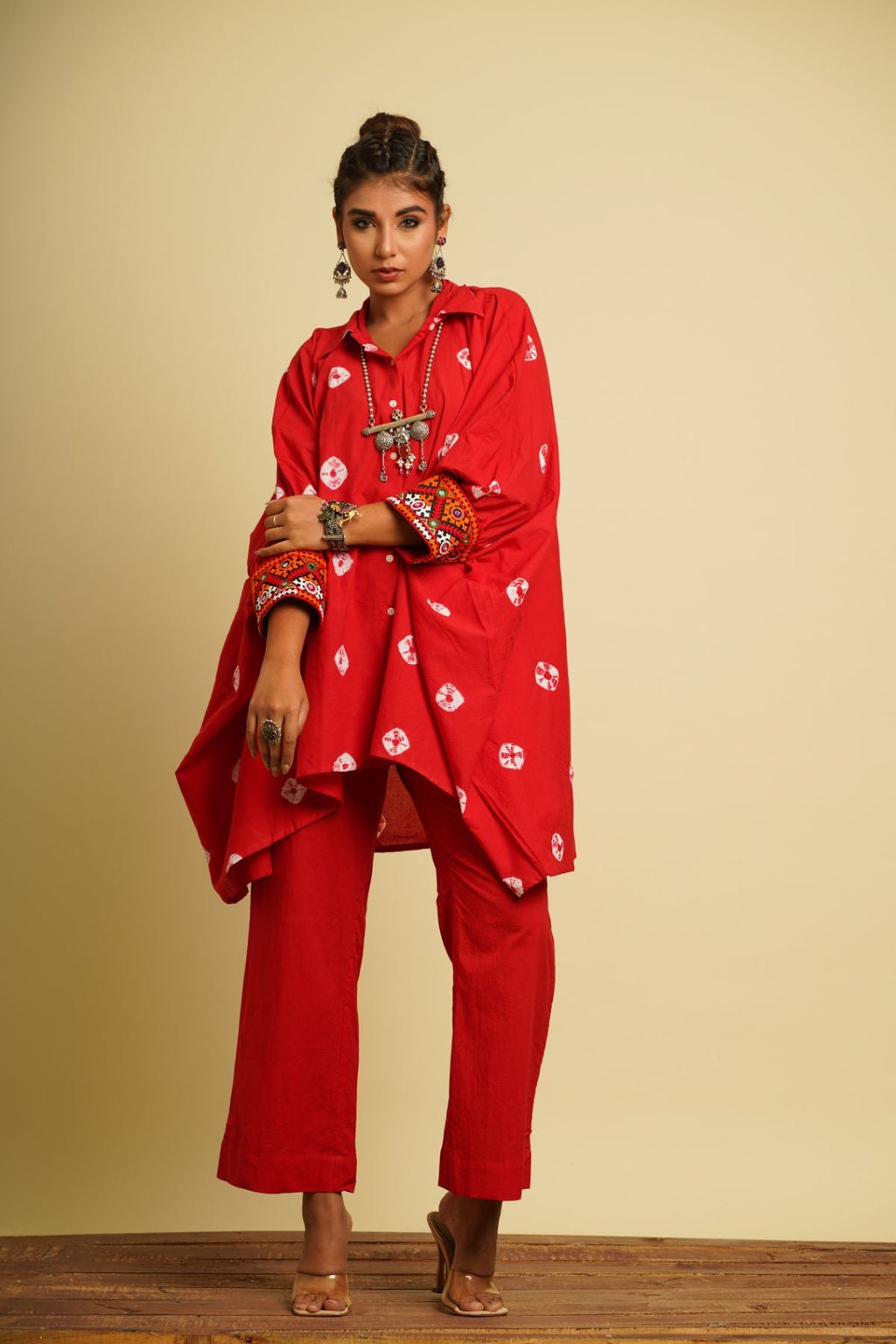 Red Embroidered Cotton Kaftan at Kamakhyaa by Keva. This item is 100% cotton, Fusion Wear, Kaftan Tops, Less than $50, Natural, New, Ombre & Dyes, Red, Relaxed Fit, Saba, Shirts, Womenswear