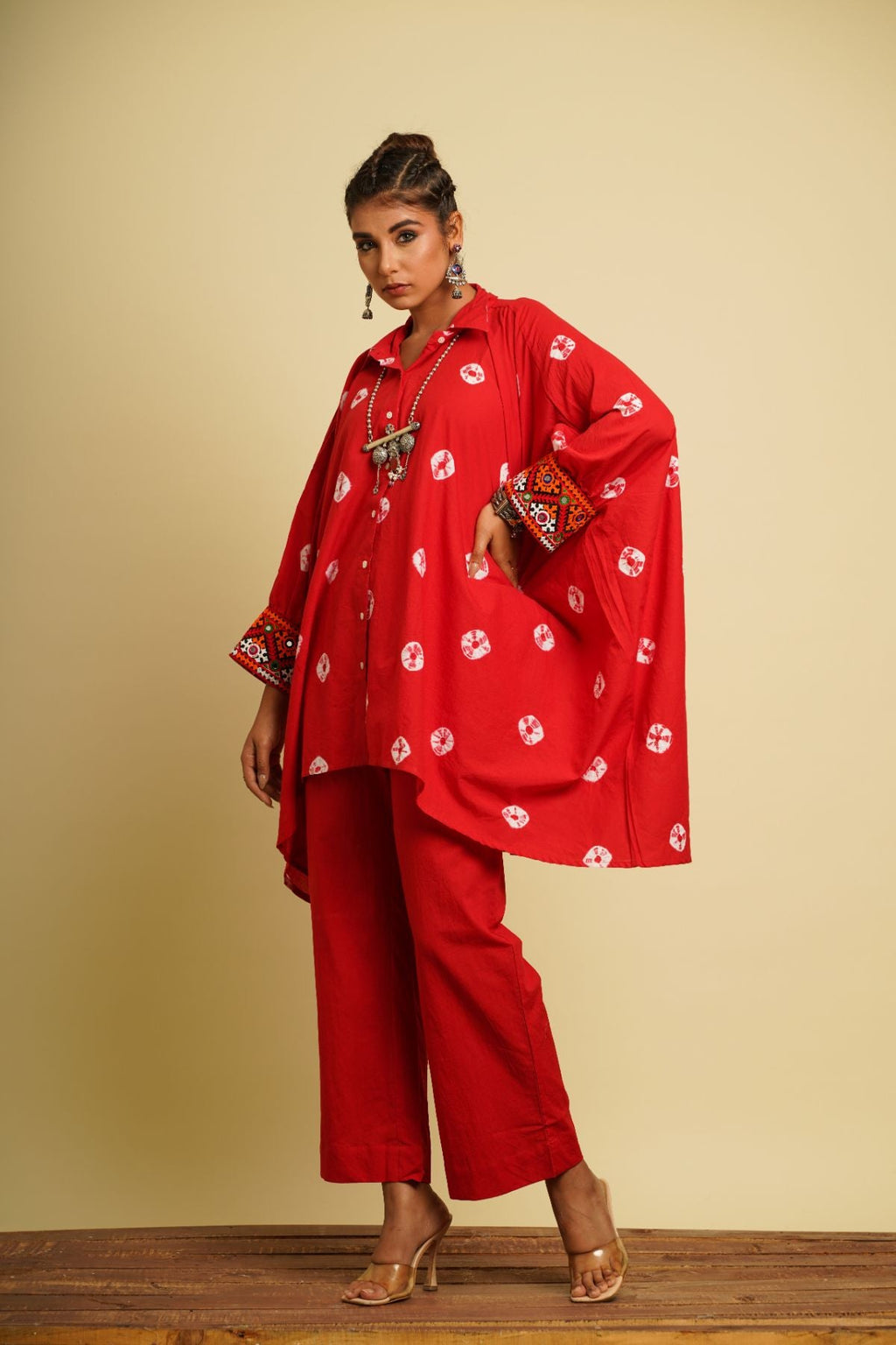 Red Embroidered Cotton Kaftan at Kamakhyaa by Keva. This item is 100% cotton, Fusion Wear, Kaftan Tops, Less than $50, Natural, New, Ombre & Dyes, Red, Relaxed Fit, Saba, Shirts, Womenswear