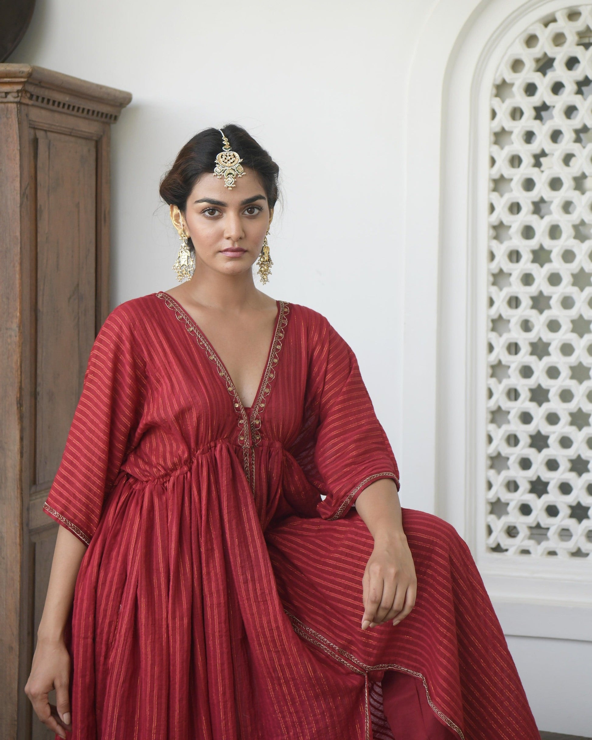 Red Embroidered Kaftan Set at Kamakhyaa by Taro. This item is Best Selling, Co-ord Sets, Evening Wear, FB ADS JUNE, July Sale, July Sale 2023, Kaftan Set, Natural, party, Party Wear Co-ords, Red, Regular Fit, Sitara Taro, Textured, Womenswear