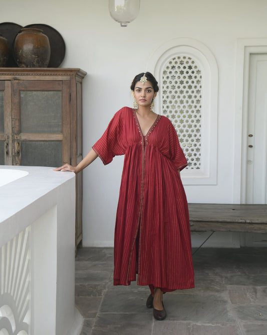 Red Embroidered Kaftan Set at Kamakhyaa by Taro. This item is Best Selling, Co-ord Sets, Evening Wear, FB ADS JUNE, July Sale, July Sale 2023, Kaftan Set, Natural, party, Party Wear Co-ords, Red, Regular Fit, Sitara Taro, Textured, Womenswear