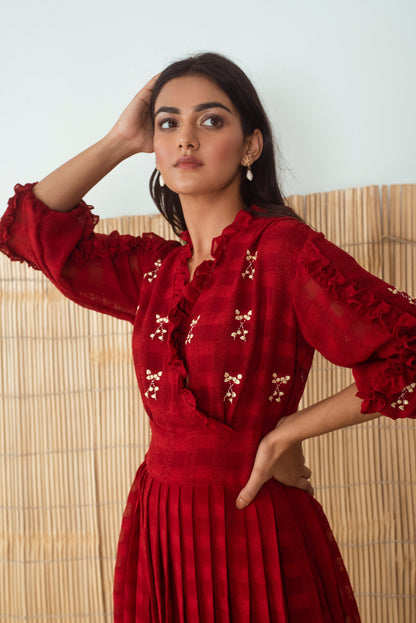 Red Embroidered Maxi Dress at Kamakhyaa by The Loom Art. This item is Embroidered, Handloom Blend, July Sale, July Sale 2023, Maxi Dresses, Natural, Party Wear, Red, Regular Fit, Solid Selfmade, Womenswear