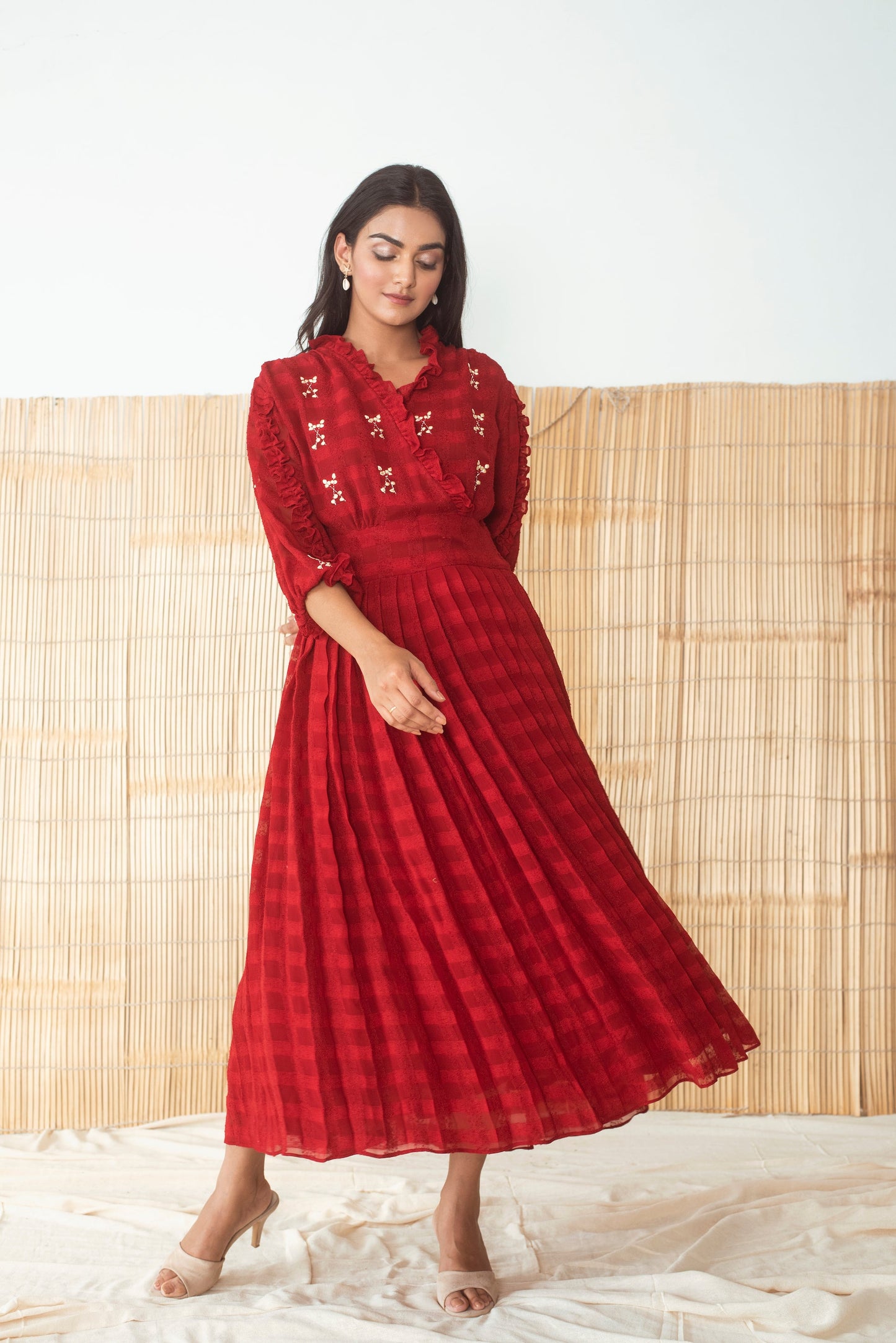 Red Embroidered Maxi Dress at Kamakhyaa by The Loom Art. This item is Embroidered, Handloom Blend, July Sale, July Sale 2023, Maxi Dresses, Natural, Party Wear, Red, Regular Fit, Solid Selfmade, Womenswear