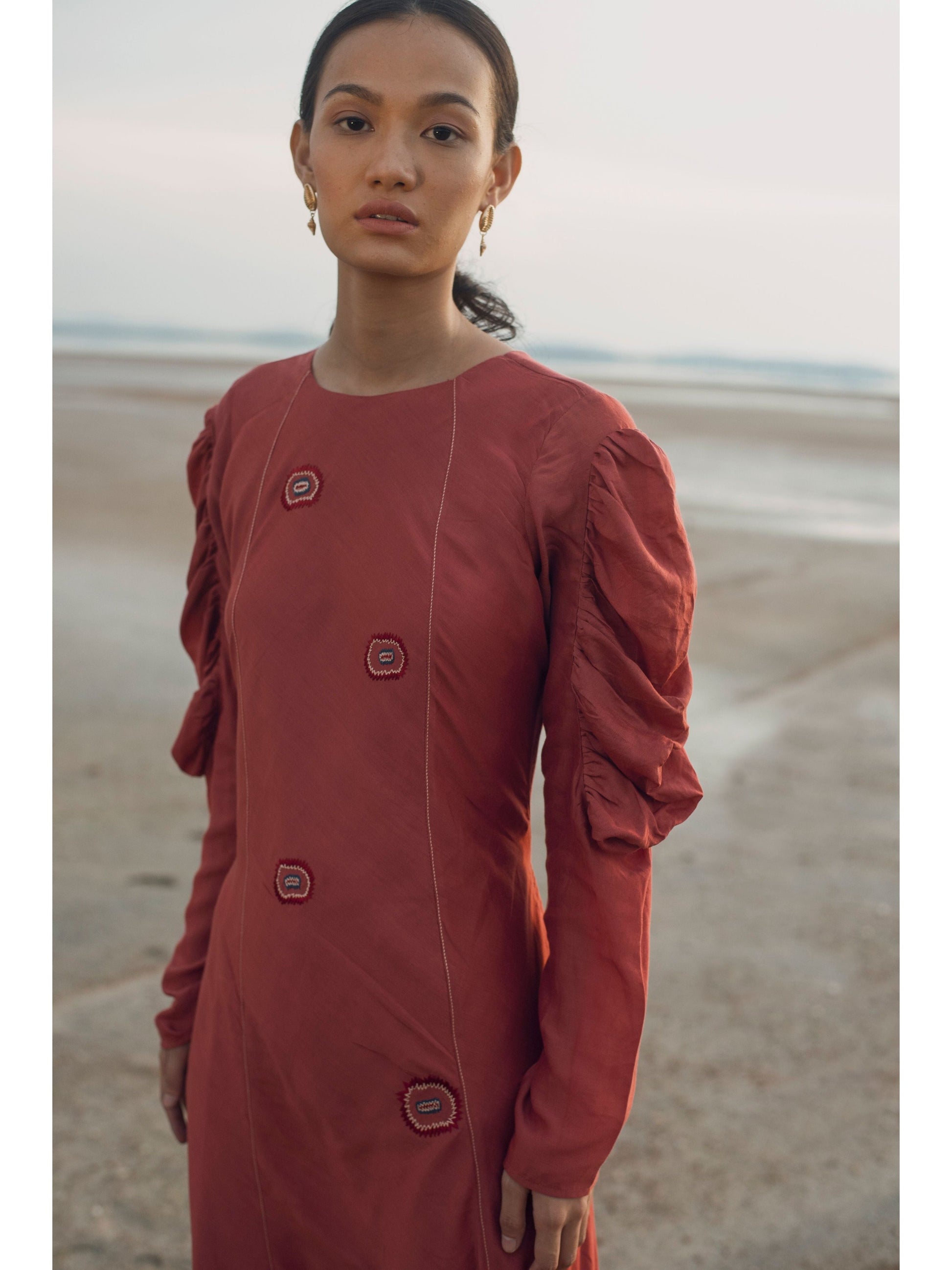 Red Embroidered Midi Dress at Kamakhyaa by The Loom Art. This item is Cotton Silk, July Sale, July Sale 2023, Midi Dresses, Natural, Party Wear, Red, Regular Fit, Serendipity, Solids, Womenswear