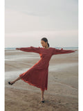 Red Embroidered Midi Dress at Kamakhyaa by The Loom Art. This item is Cotton Silk, July Sale, July Sale 2023, Midi Dresses, Natural, Party Wear, Red, Regular Fit, Serendipity, Solids, Womenswear