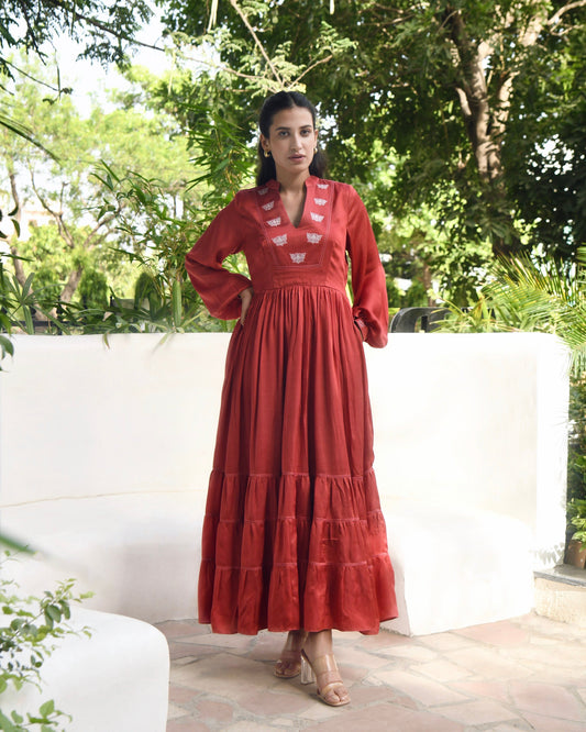 Red Embroidered Satin Maxi Dress at Kamakhyaa by Taro. This item is Dusk To Dawn, Embroidered, Evening Wear, July Sale, July Sale 2023, Maxi Dresses, Modal Satin, Natural, Red, Regular Fit, Silk, Tiered Dresses, Womenswear