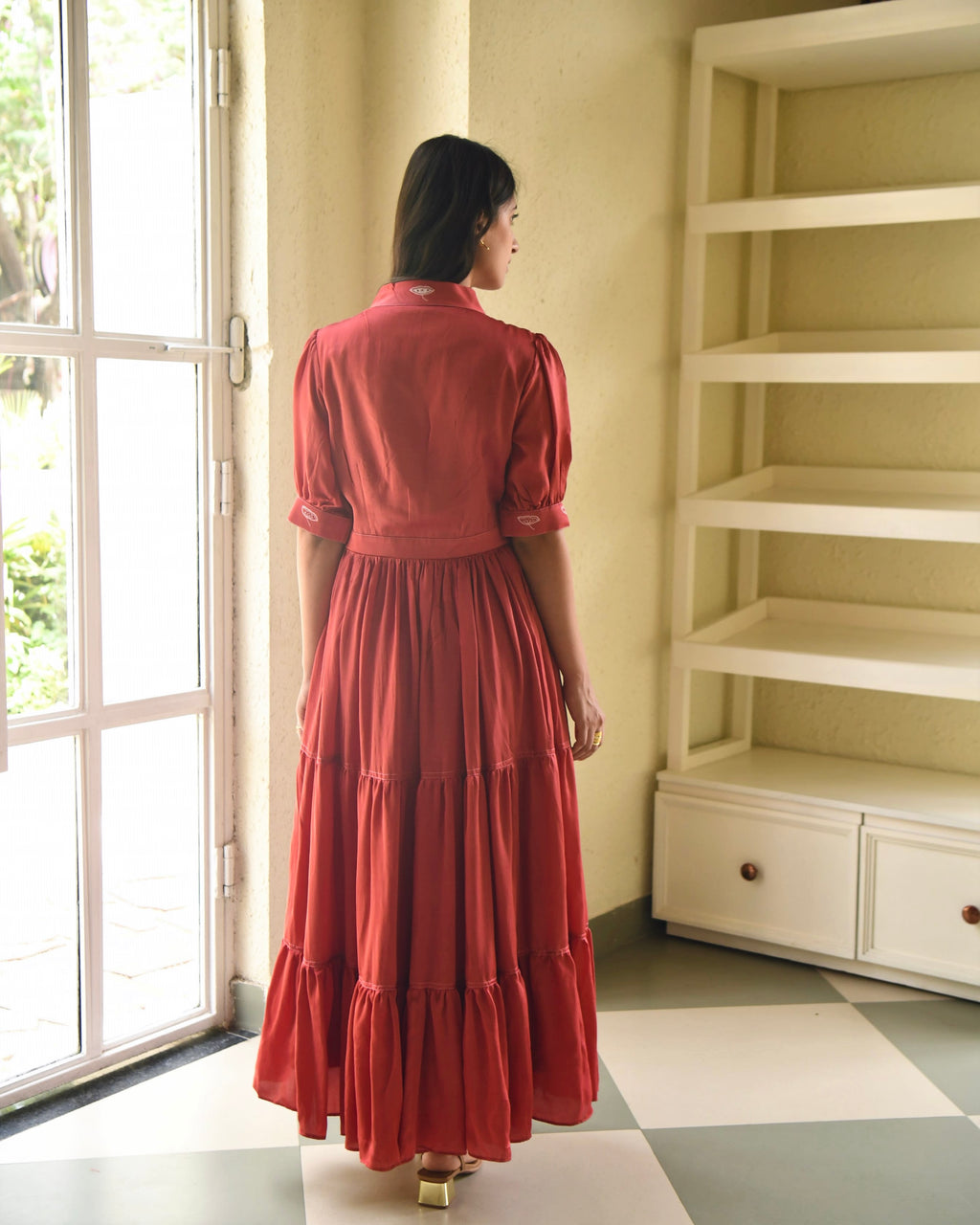 Red Embroidered Satin Tiered Dress at Kamakhyaa by Taro. This item is Dusk To Dawn, Embroidered, Evening Wear, July Sale, July Sale 2023, Modal Satin, Natural, Pink, Regular Fit, Silk, Tiered Dresses, Womenswear