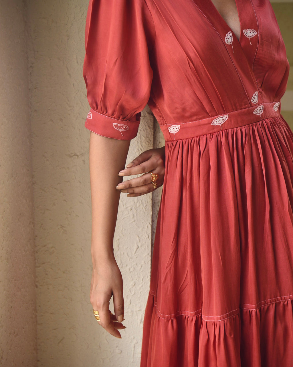 Red Embroidered Satin Tiered Dress at Kamakhyaa by Taro. This item is Dusk To Dawn, Embroidered, Evening Wear, July Sale, July Sale 2023, Modal Satin, Natural, Pink, Regular Fit, Silk, Tiered Dresses, Womenswear