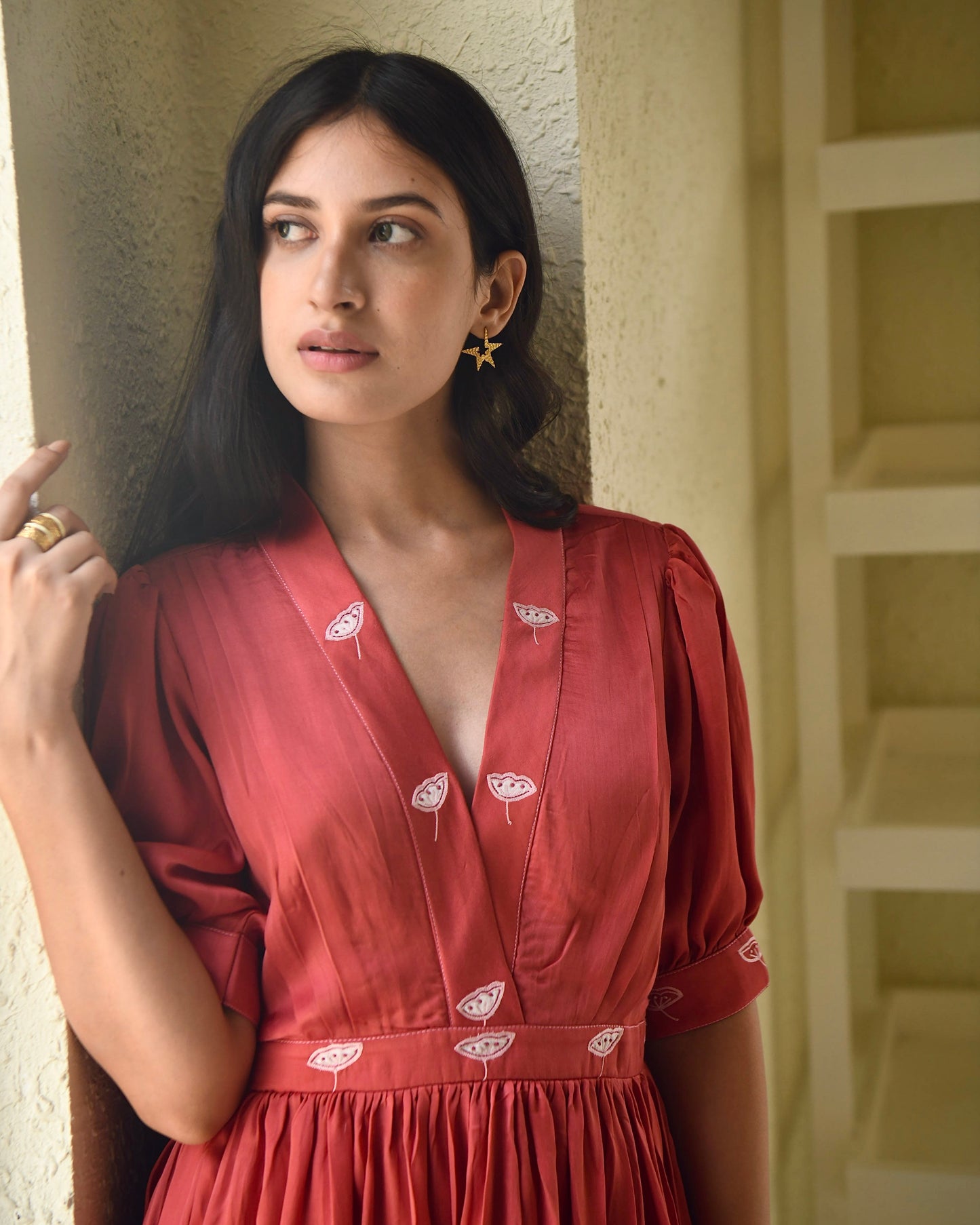 Red Embroidered Satin Tiered Dress at Kamakhyaa by Taro. This item is Dusk To Dawn, Embroidered, Evening Wear, July Sale, July Sale 2023, Modal Satin, Natural, Pink, Regular Fit, Silk, Tiered Dresses, Womenswear
