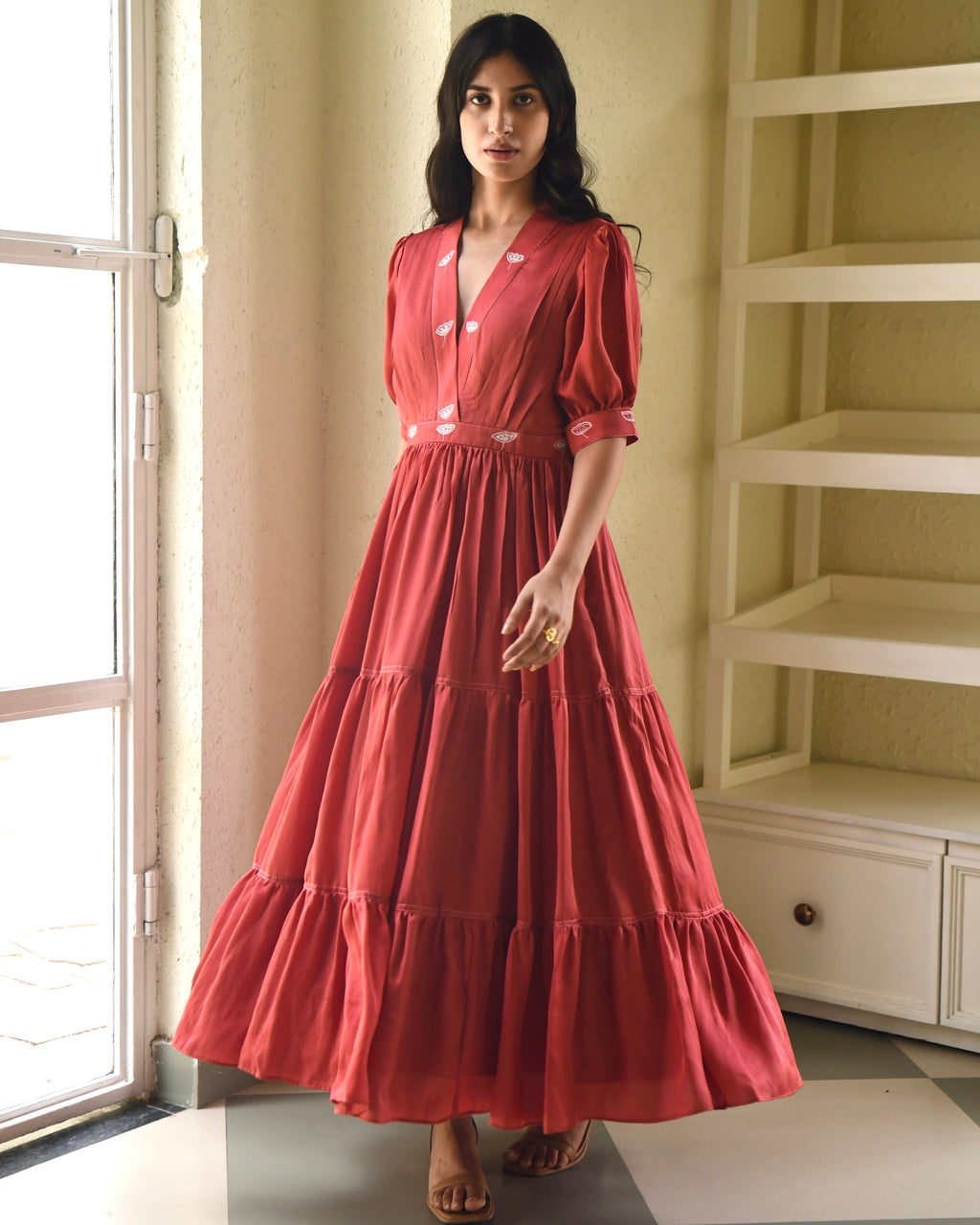 Red Embroidered Satin Tiered Dress at Kamakhyaa by Taro. This item is Dusk To Dawn, Embroidered, Evening Wear, July Sale, July Sale 2023, Modal Satin, Natural, Pink, Regular Fit, Silk, Tiered Dresses, Womenswear
