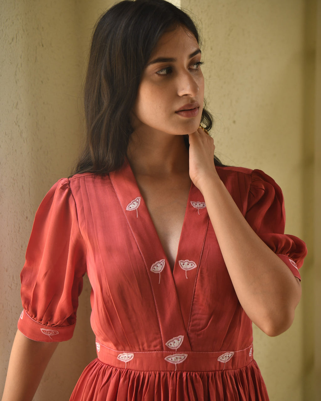 Red Embroidered Satin Tiered Dress at Kamakhyaa by Taro. This item is Dusk To Dawn, Embroidered, Evening Wear, July Sale, July Sale 2023, Modal Satin, Natural, Pink, Regular Fit, Silk, Tiered Dresses, Womenswear
