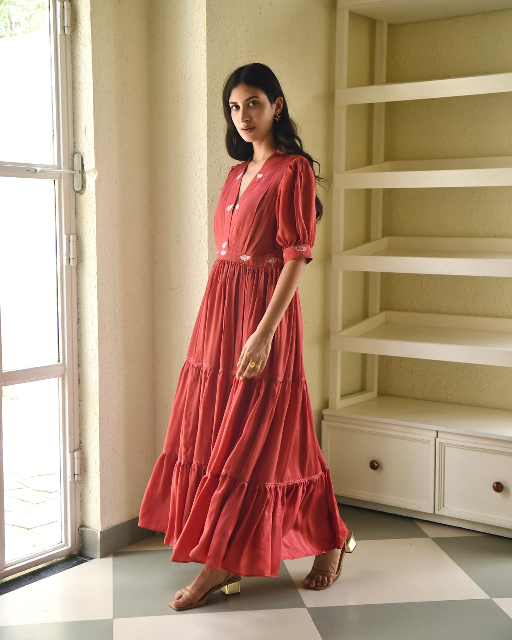 Red Embroidered Satin Tiered Dress at Kamakhyaa by Taro. This item is Dusk To Dawn, Embroidered, Evening Wear, July Sale, July Sale 2023, Modal Satin, Natural, Pink, Regular Fit, Silk, Tiered Dresses, Womenswear