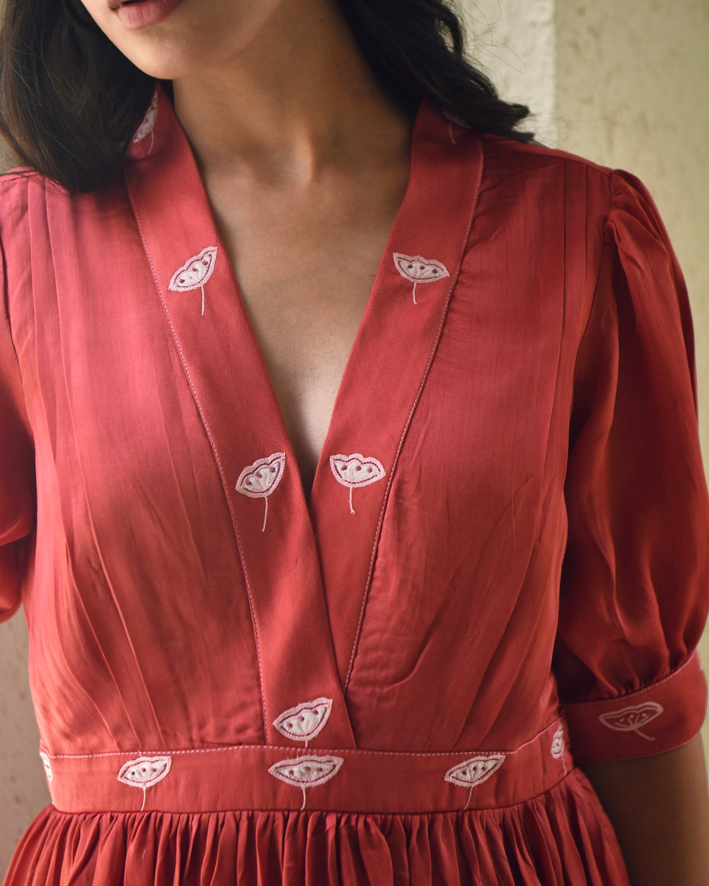 Red Embroidered Satin Tiered Dress at Kamakhyaa by Taro. This item is Dusk To Dawn, Embroidered, Evening Wear, July Sale, July Sale 2023, Modal Satin, Natural, Pink, Regular Fit, Silk, Tiered Dresses, Womenswear