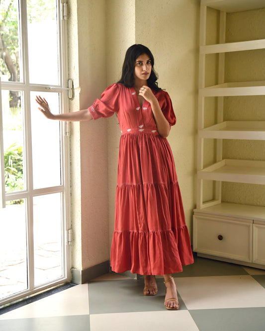 Red Embroidered Satin Tiered Dress at Kamakhyaa by Taro. This item is Dusk To Dawn, Embroidered, Evening Wear, July Sale, July Sale 2023, Modal Satin, Natural, Pink, Regular Fit, Silk, Tiered Dresses, Womenswear