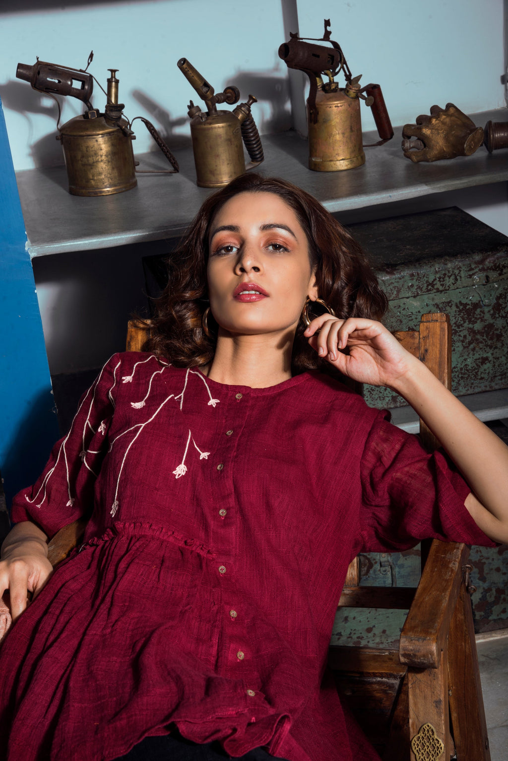 Red Embroidered Tunic Top at Kamakhyaa by The Loom Art. This item is Cotton, July Sale, July Sale 2023, Natural, Ombre & Dyes, Party Wear, Presentation, Red, Regular Fit, Shirts, Tops, Womenswear