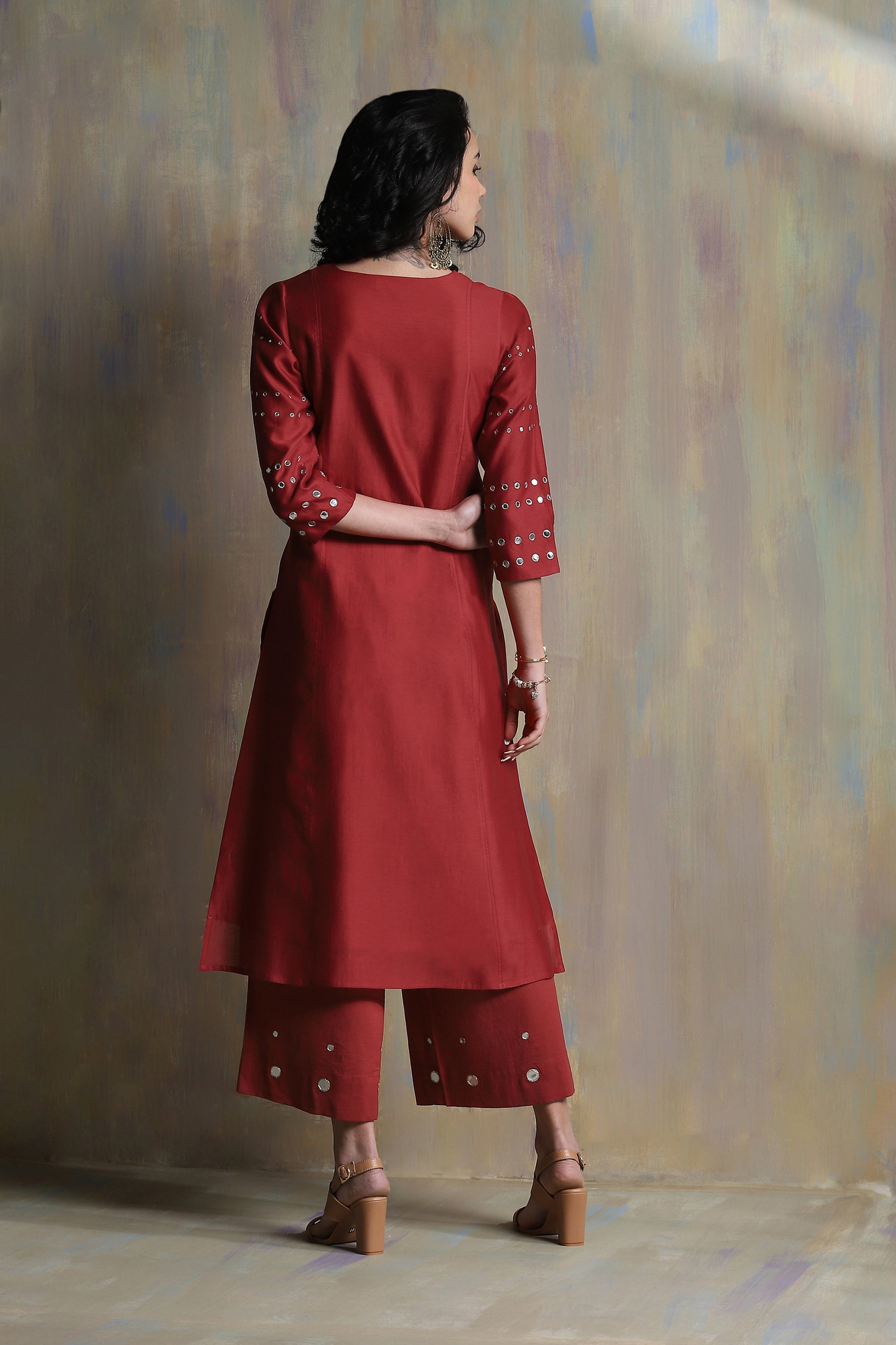 Red Gathered Kurta Set - Set of 3 at Kamakhyaa by Charkhee. This item is Chanderi, Cotton, Festive Wear, Indian Wear, Kurta Pant Sets, Kurta Set With Dupatta, Natural, Red, Regular Fit, Solids, Womenswear