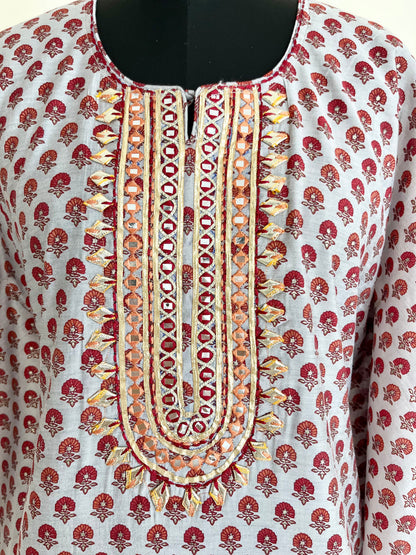 Red Grey Printed Kaftan Set at Kamakhyaa by Kamakhyaa. This item is Co-ord Sets, Ethnic Wear, Grey, Kurta Pant Sets, Natural, Prints, Rayon, Red, Relaxed Fit, Womenswear