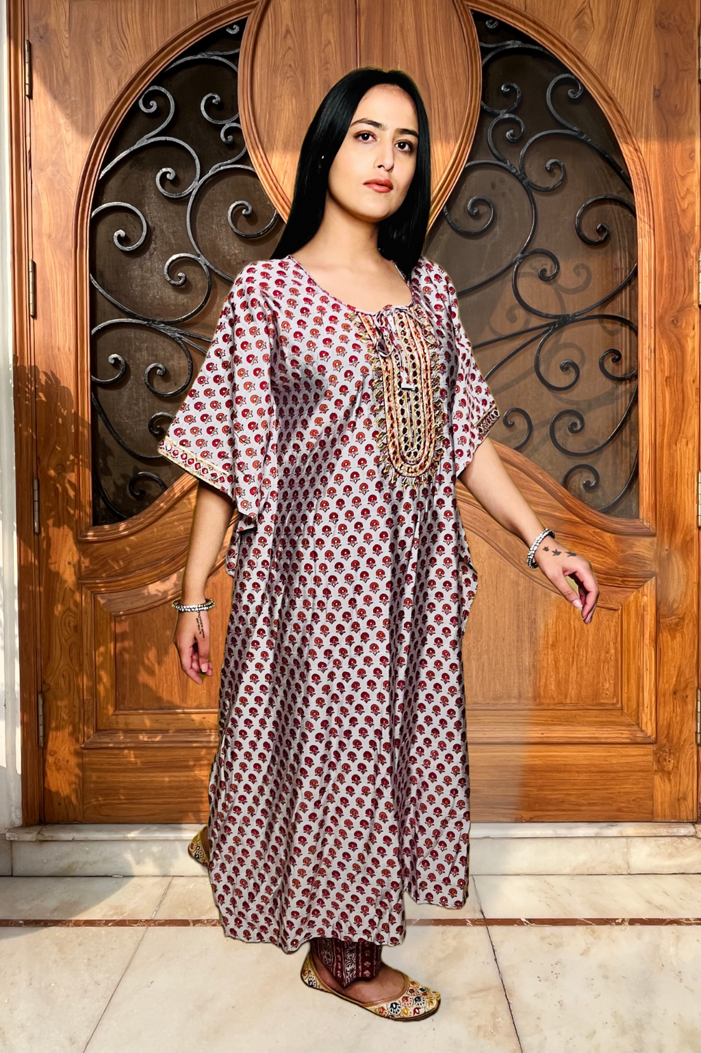 Red Grey Printed Kaftan Set at Kamakhyaa by Kamakhyaa. This item is Co-ord Sets, Ethnic Wear, Grey, Kurta Pant Sets, Natural, Prints, Rayon, Red, Relaxed Fit, Womenswear