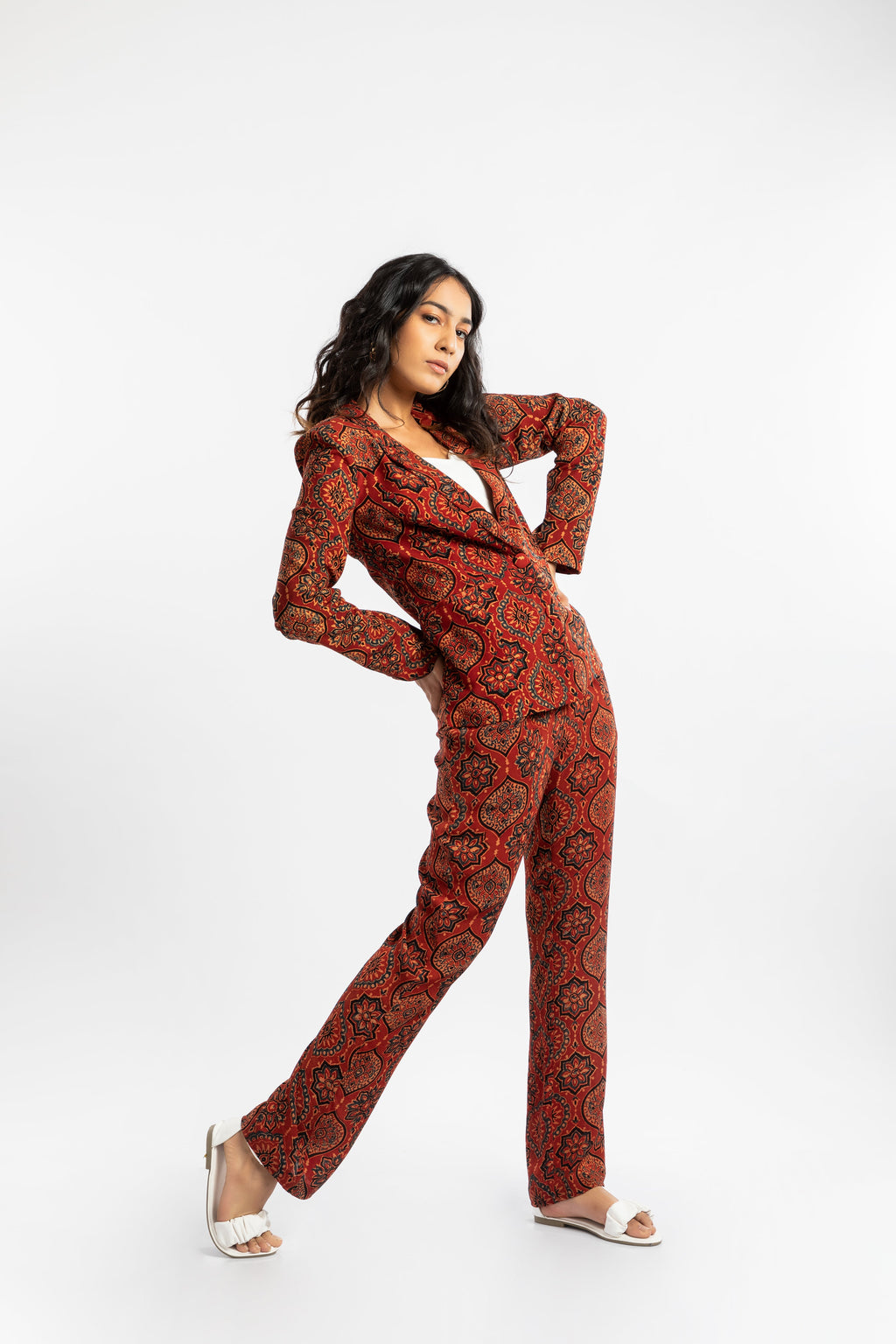 Red Jacket at Kamakhyaa by House Of Ara. This item is Ajrakh, Ajrakh Collection, Blazers, Casual Wear, Cupro, Natural, Prints, Red, Regular Fit, Womenswear