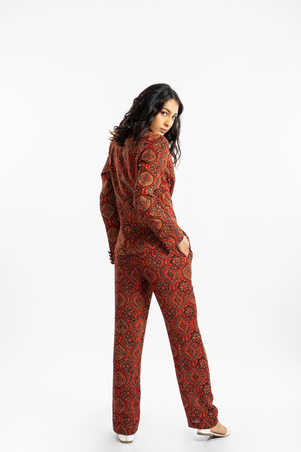 Red Jacket at Kamakhyaa by House Of Ara. This item is Ajrakh, Ajrakh Collection, Blazers, Casual Wear, Cupro, Natural, Prints, Red, Regular Fit, Womenswear