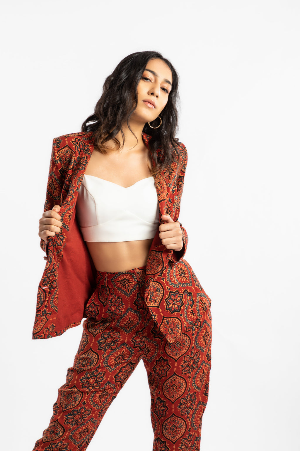 Red Jacket at Kamakhyaa by House Of Ara. This item is Ajrakh, Ajrakh Collection, Blazers, Casual Wear, Cupro, Natural, Prints, Red, Regular Fit, Womenswear