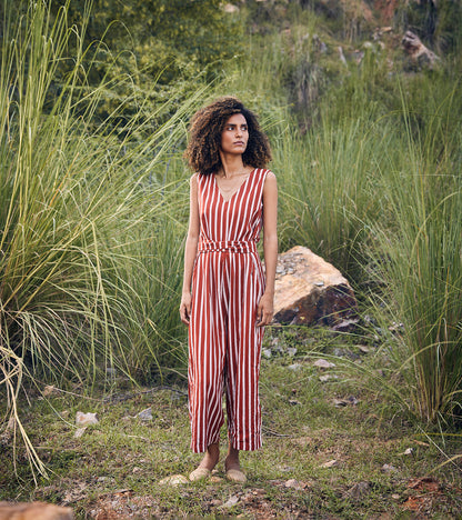 Red Jumpsuit at Kamakhyaa by Khara Kapas. This item is 100% Cotton, Casual Wear, FB ADS JUNE, Jumpsuits, Organic, Printed Selfsame, Prints, Red, Regular Fit, Stripes, Under The Autumn Moon A/W 2022, Womenswear