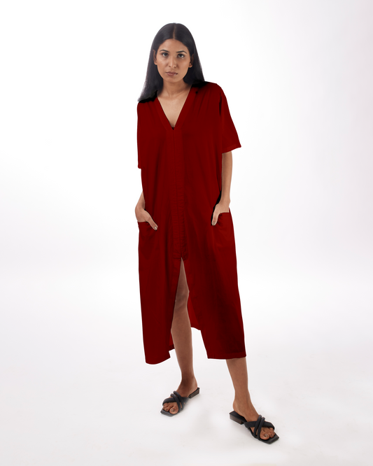 Red Kaftan Dress With Front Pockets at Kamakhyaa by Kamakhyaa. This item is 100% pure cotton, Casual Wear, Kaftans, KKYSS, Midi Dresses, Natural, Red, Relaxed Fit, Solids, Summer Sutra, Womenswear