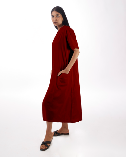 Red Kaftan Dress With Front Pockets at Kamakhyaa by Kamakhyaa. This item is 100% pure cotton, Casual Wear, Kaftans, KKYSS, Midi Dresses, Natural, Red, Relaxed Fit, Solids, Summer Sutra, Womenswear