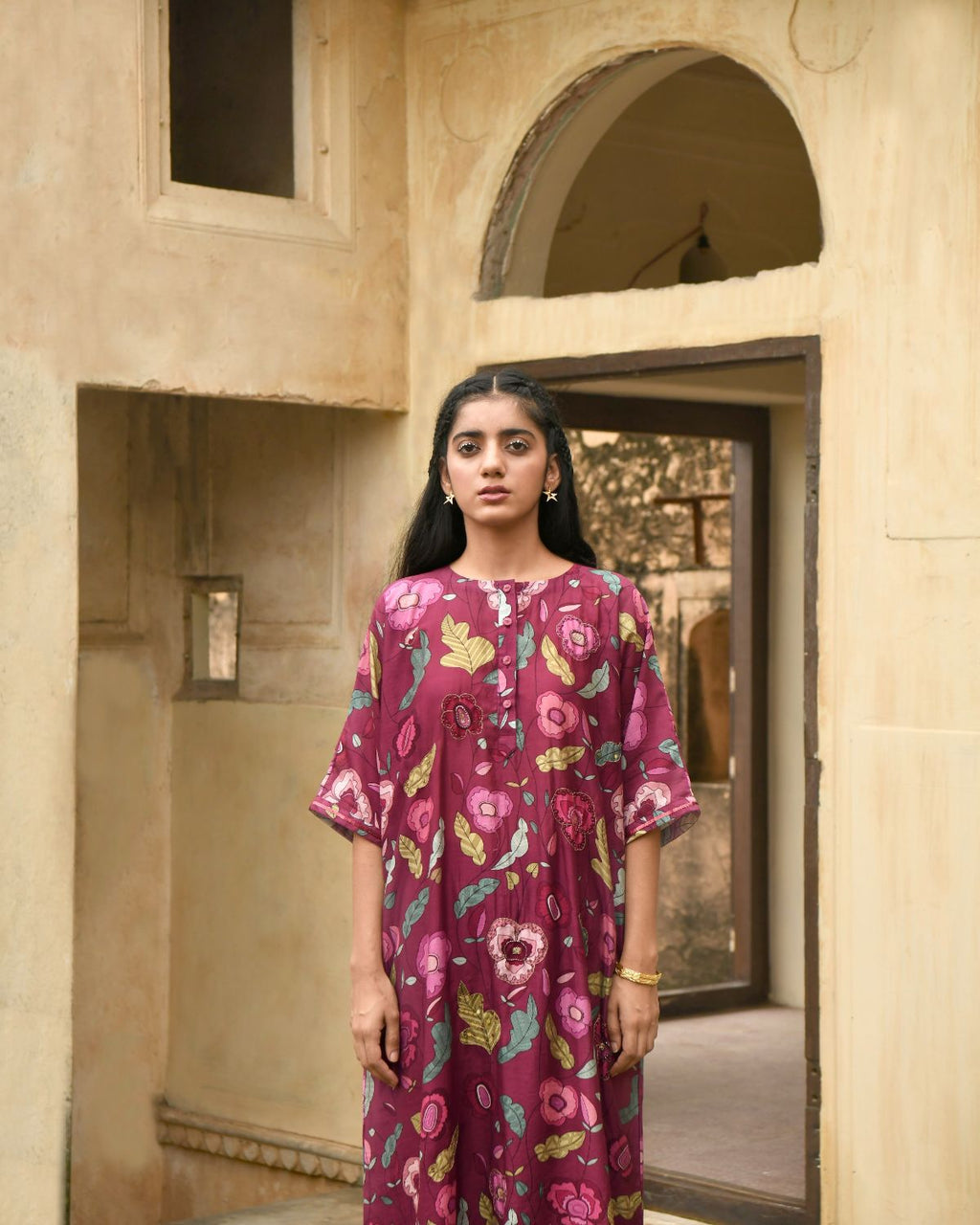 Red Kaftan With Pant at Kamakhyaa by Taro. This item is Beads, Best Selling, Chanderi Silk, Digital Print, Enchanted Garden, Evening Wear, Festive Wear, Handcrafted buttons, Indian Wear, July Sale, July Sale 2023, Kurta Pant Sets, Natural, Natural with azo free dyes, Red, Relaxed Fit, Sequin Work, Womenswear