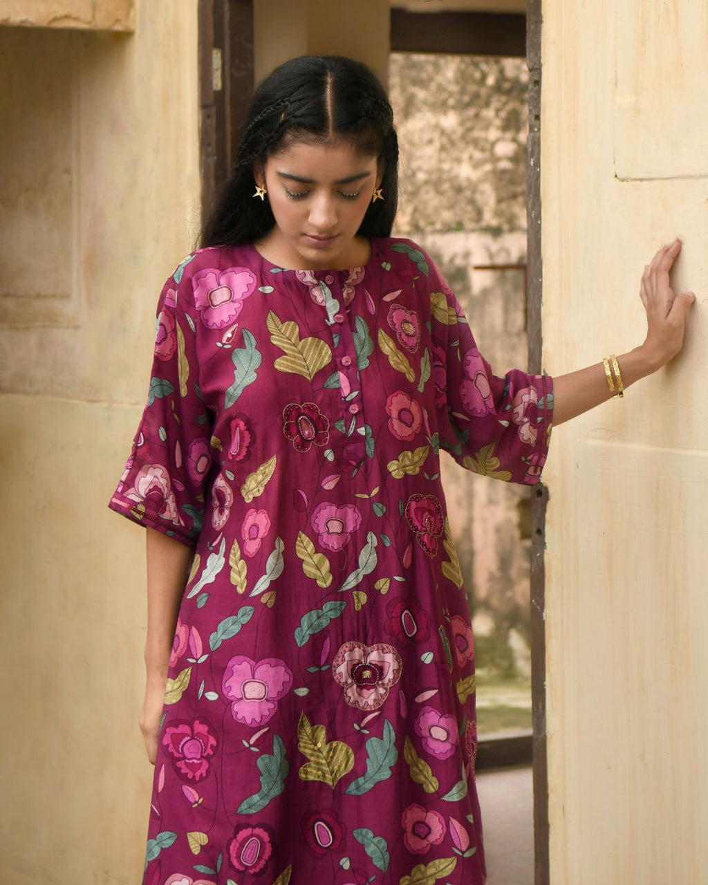 Red Kaftan With Pant at Kamakhyaa by Taro. This item is Beads, Best Selling, Chanderi Silk, Digital Print, Enchanted Garden, Evening Wear, Festive Wear, Handcrafted buttons, Indian Wear, July Sale, July Sale 2023, Kurta Pant Sets, Natural, Natural with azo free dyes, Red, Relaxed Fit, Sequin Work, Womenswear