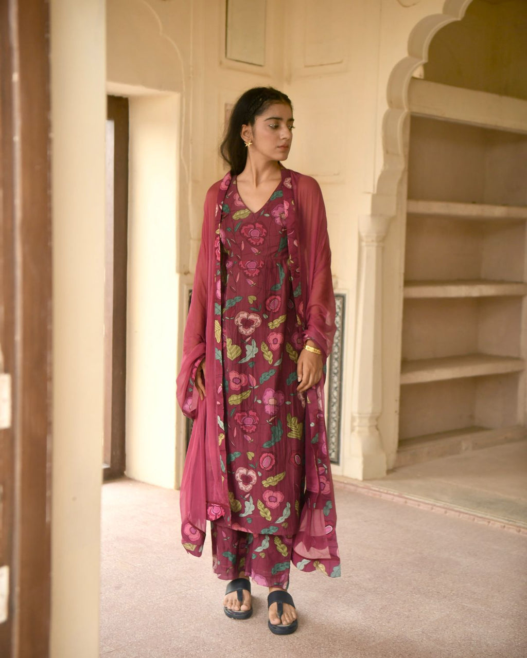Red Kurta Set With Chiffon Dupatta at Kamakhyaa by Taro. This item is Casual Wear, Chanderi Silk, Chiffon, Digital Print, Enchanted Garden, Evening Wear, Indian Wear, July Sale, July Sale 2023, Kurta Pant Sets, Kurta Set With Dupatta, Natural, Natural with azo free dyes, Red, Relaxed Fit, Womenswear