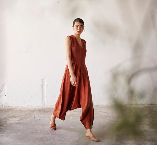 Red Linen Jumpsuit at Kamakhyaa by Khara Kapas. This item is An Indian Summer, Casual Wear, Jumpsuits, Organic, Poplin, Red, Solids, Womenswear