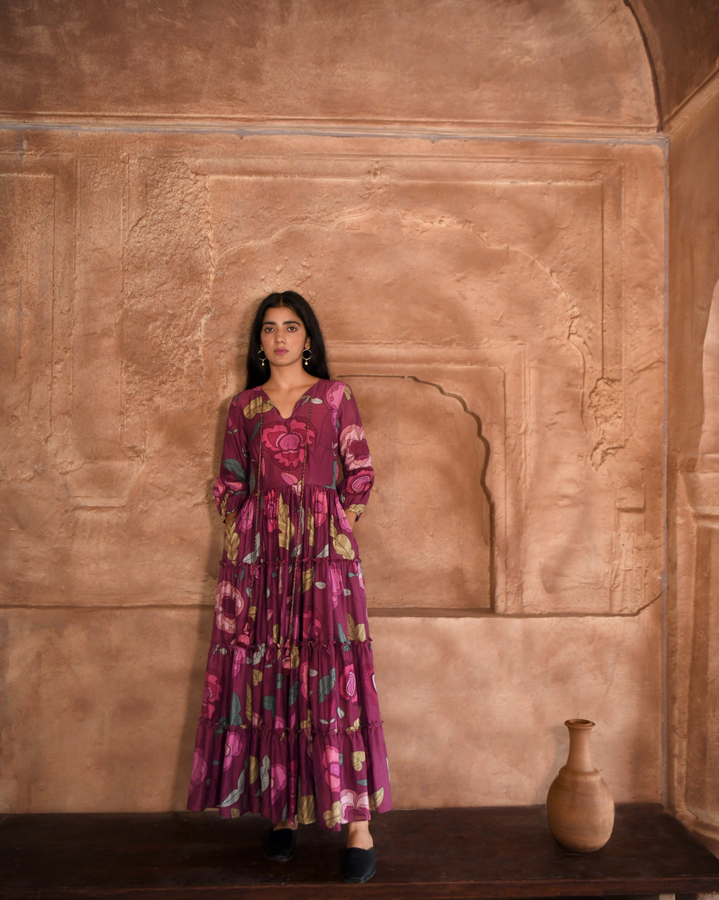 Red Maxi Dress at Kamakhyaa by Taro. This item is Azo Free Dyes, Best Selling, Chanderi Silk, FB ADS JUNE, Floral, Fusion Wear, Garden Of Dreams, July Sale, July Sale 2023, Maxi Dresses, Prints, Purple, Relaxed Fit, Tiered Dresses, Womenswear