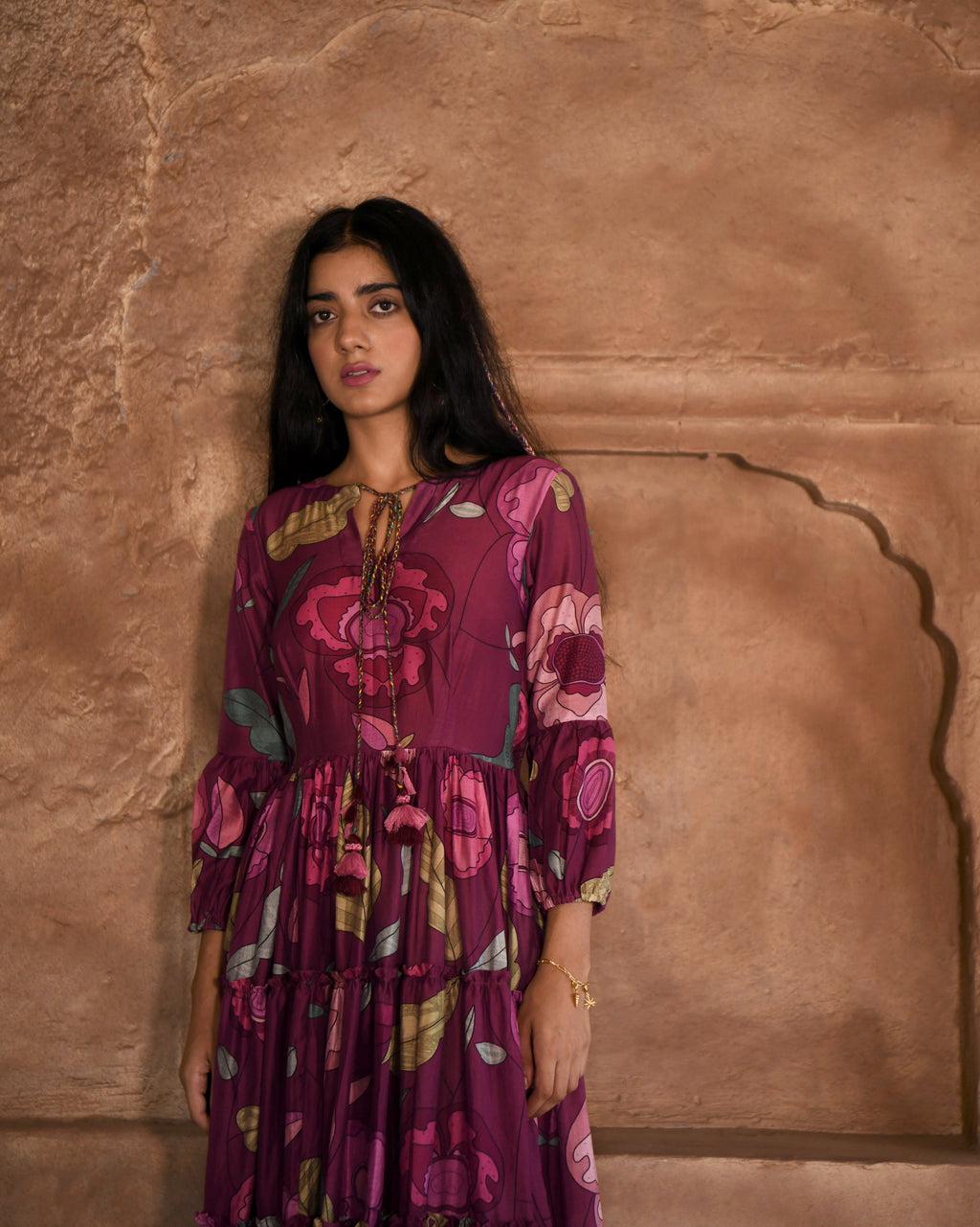 Red Maxi Dress at Kamakhyaa by Taro. This item is Azo Free Dyes, Best Selling, Chanderi Silk, FB ADS JUNE, Floral, Fusion Wear, Garden Of Dreams, July Sale, July Sale 2023, Maxi Dresses, Prints, Purple, Relaxed Fit, Tiered Dresses, Womenswear