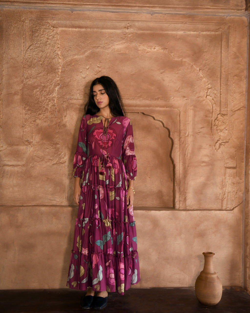 Red Maxi Dress at Kamakhyaa by Taro. This item is Azo Free Dyes, Best Selling, Chanderi Silk, FB ADS JUNE, Floral, Fusion Wear, Garden Of Dreams, July Sale, July Sale 2023, Maxi Dresses, Prints, Purple, Relaxed Fit, Tiered Dresses, Womenswear