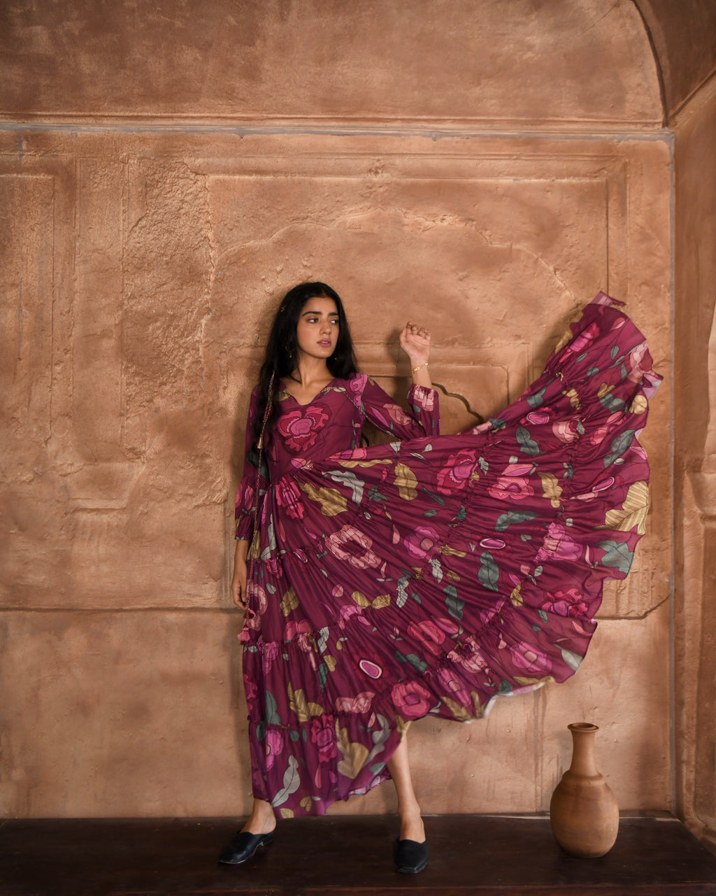 Red Maxi Dress at Kamakhyaa by Taro. This item is Azo Free Dyes, Best Selling, Chanderi Silk, FB ADS JUNE, Floral, Fusion Wear, Garden Of Dreams, July Sale, July Sale 2023, Maxi Dresses, Prints, Purple, Relaxed Fit, Tiered Dresses, Womenswear